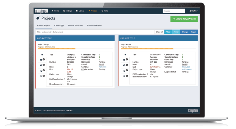 Tungsten certification software dashboard showing project management interface for EASA Part 21J design offices